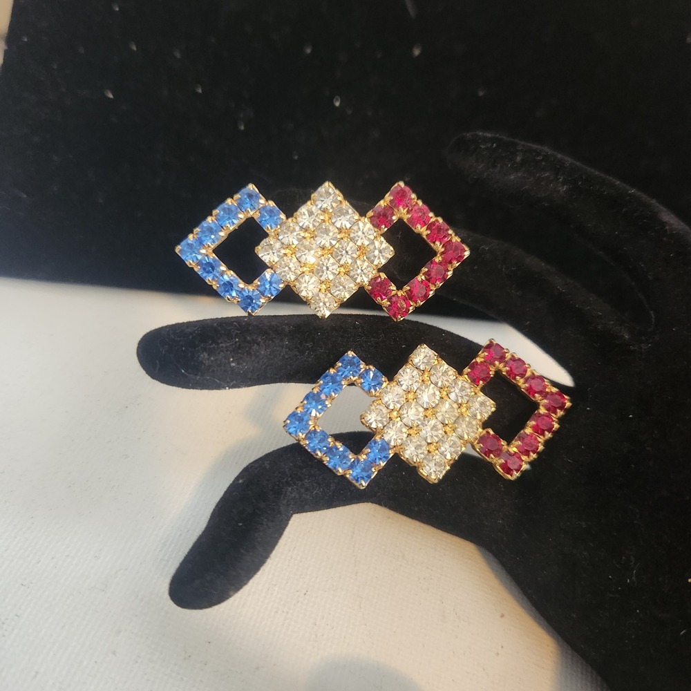 Vintage Bluette France Rhinestone Shoe Clips Red White Blue Gold Tone Patriotic